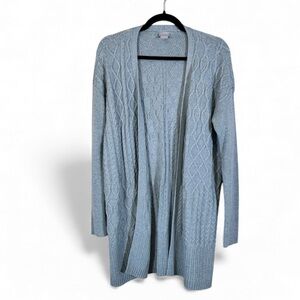 Chicos Teal Blue Cable Knit Duster Cardigan Sweater Womens M Preppy Open Front